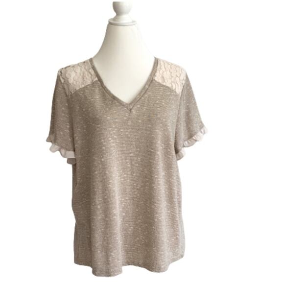 Karl Lagerfeld Top Cream Taupe Lace & Ruffle V-Neck Top Size XL - Picture 1 of 13